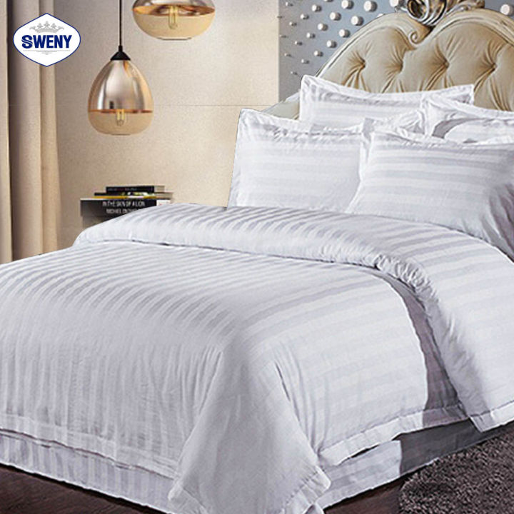 sweny-ชุดผ้าปูที่นอน-รัดมุม-6ฟุต-ขนาด6x6-5ฟุต-cotton100-250t-ลายเรียบและลายริ้ว-ผ้าปูที่นอน-ชุดเครื่องนอน-ชุดผ้าปูที่นอน-5ชิ้น