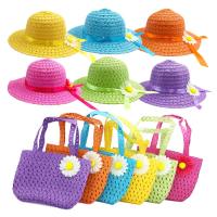 【 Cw】cute Summer Girls Tea Party Sun Hat And Purse Set Kids Party Birthday Travel Gift Children S Holiday Travel Bag Straw Wide Cap