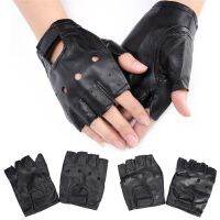 ✎✱✣ ผู้ชายผู้หญิง PU หนังสีดำ Half Finger ขับรถรถจักรยานยนต์ Biker Fingerless ถุงมือขี่จักรยานขี่กีฬาวิ่งถุงมือ