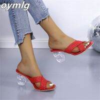 High heel sandals womens new 2022 sexy large size crystal heel sandals and slippers square head cross braided belt pumps