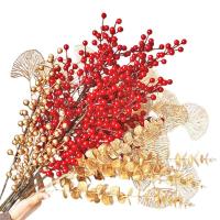 Artificial Holly Golden Simulation Palm Leaves Christmas Flower Arrangement Decoration Table Berry Red Fruit Acacia Bean Holly Artificial Flowers  Pla