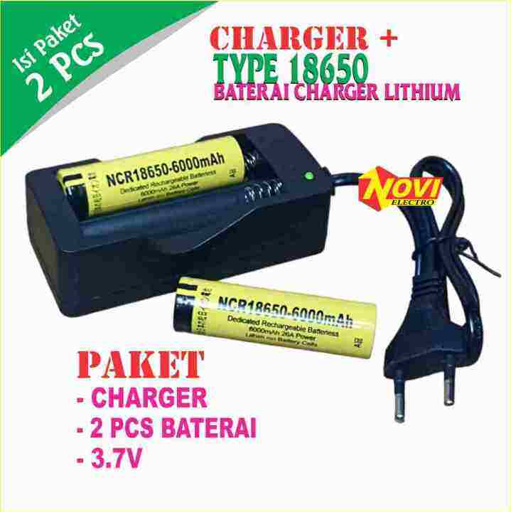 Paket Adaptor Charger + 2 Batterai 18650 Li-ion 3.7v - 6000mAh Jenis ...