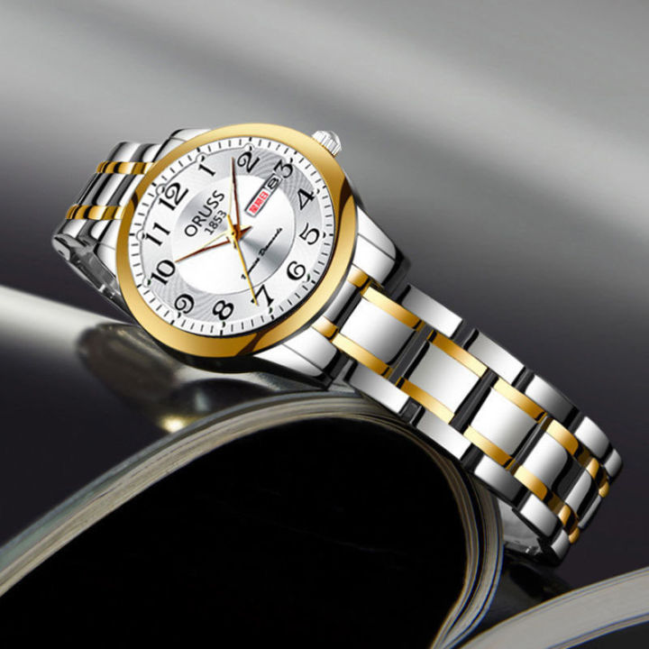 oruss-ของแท้กันน้ำสุภาพสตรีนาฬิกาควอตซ์ต้นฉบับการออกแบบแฟชั่นใหม่สไตล์เกาหลีเหล็กนาฬิกาสำหรับสาวผู้หญิงปฏิทินแบบ-dial-สบายๆสร้อยข้อมือของขวัญนาฬิกาข้อมือแยม-tangan-wanita