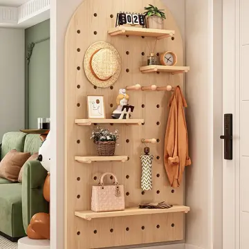 Wood Pegboard Shelf Wall Shelf Wall Organizer Living Room Wall Decor with  Wall Hooks