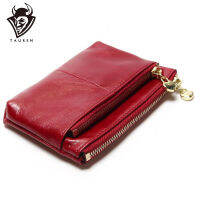 New TAUREN High Quality Genuine Leather Women Mini Wallet Oil Wax Coin Purse Credit Card Holder With Metal Ring