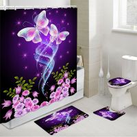 Butterfly Flowers Waterproof Shower Curtain Non-Slip Mat Rug Carpet Toilet Seat Cove Polyester Washable Bathing Bathroom Decor