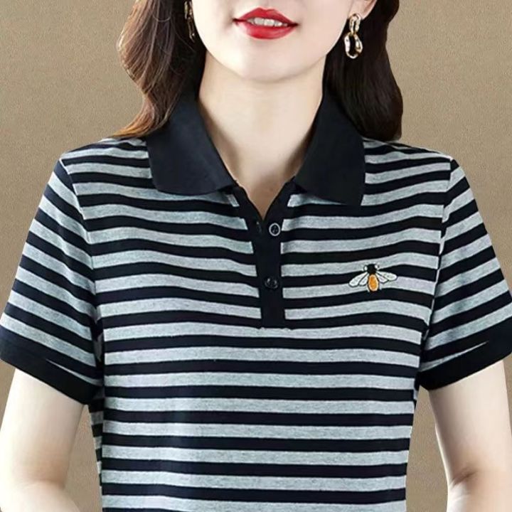 เสื้อยืดแขนสั้นผู้หญิงแฟชั่นลายเสื้อโปโลสไตล์เกาหลีสลิมฟิตชนเสื้อยืด
