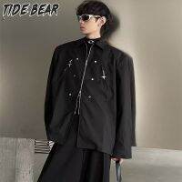 TIDE BEAR เสื้อนอกมีซิปแจ็คเก็ตแขนยาวคอพับสำหรับวัยรุ่นสีทึบมาตรฐานโค้ทธรรมดาเทรนด์