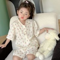 Girls Cotton Gauze Pajamas Summer Short Sleeve Shorts Pajama Set Tulip Floral Print Sleepwear 2 Piece Casual Loose Nightwear