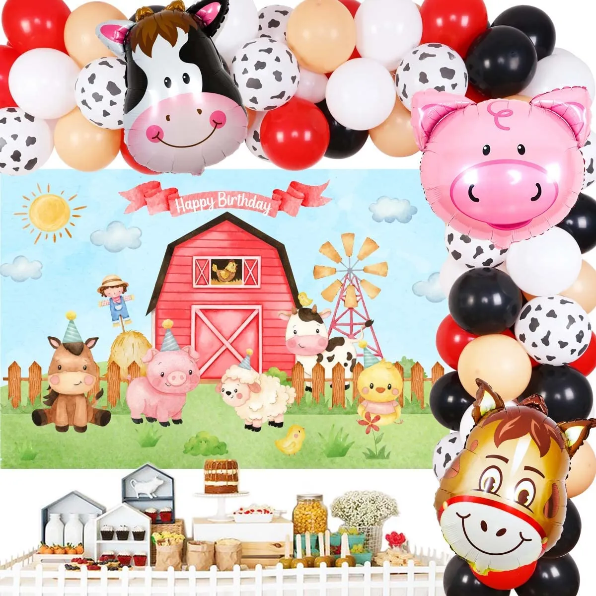 SURSURPRISE Farm Animal Party Decorations for Boy, Farm Theme Birthday  Decorations - Red and Black Balloon Garland Kit, Cartoon Farm Animals  Backdrop, Animal Foil Balloons for 1st 2nd 3rd Birthday Party |