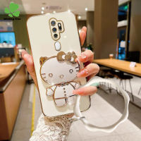 เคสสำหรับ OPPO A5 A9 2020 A5S A7 A12 A3S A12E A15 A15S A16 A16E A16K A31 A53 A32แฟชั่น KT กรอบโทรศัพท์ที่ยึดกระจกเงาโต๊ะเครื่องแป้งแมว + สายรัดข้อมือ