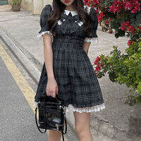 Summer Japanese Soft Girl Cute Doll Collar Bow Slim Waist Plaid Dress Lace Princess Kawaii Lolita Dresses Gothic Harajuku Dark