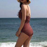 In stockKorean y Halter Swimwear Simple R Deep V Bandage Bow Swimsuit Beachwear Solid Color