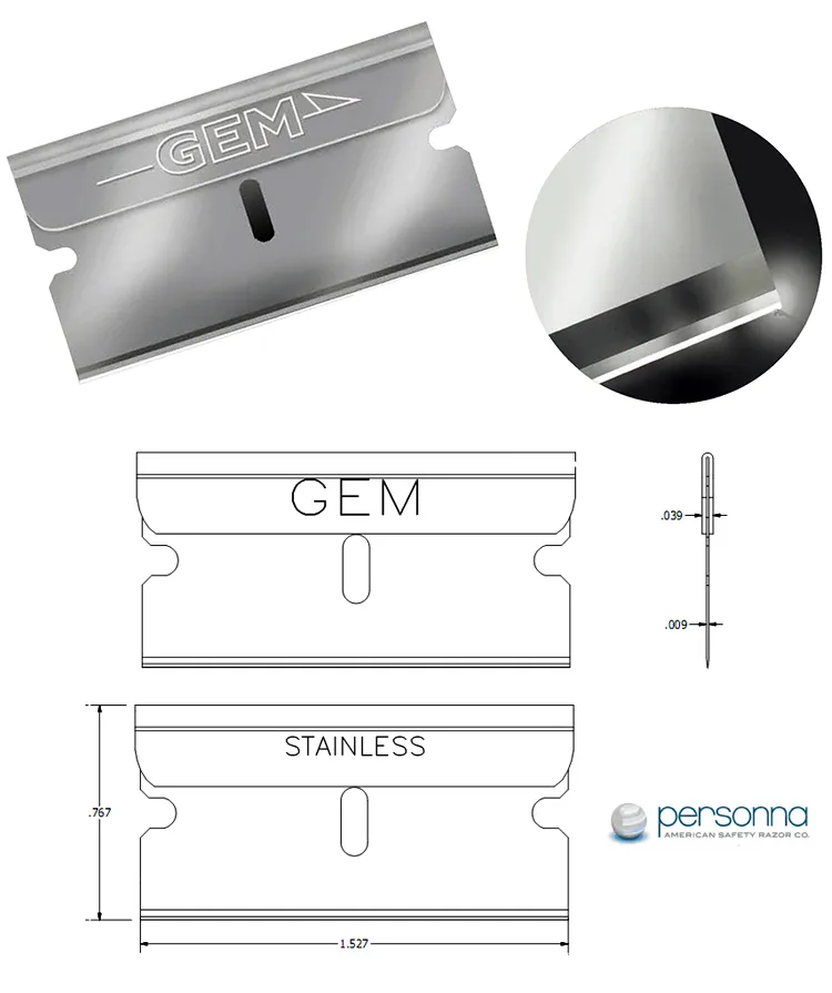 Razor Blades, Gem Coated Stainless Steel, Aluminum Spine, .009