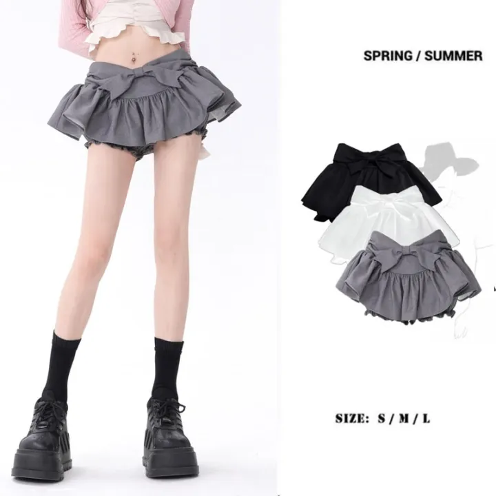 cc-bow-fluffy-skirt-low-waisted-ruffled-preppy-korean-fashion-drop-shipping