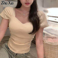 Zhu Xia เสื้อแขนสั้นคอเหลี่ยม2023สีทึบเสื้อยืดสั้น Ins