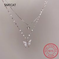 925 Sterling Silver Flash Diamond Butterfly Double Necklace For Women Simple Design Crystal Elegant Wedding Jewelry Gifts Fashion Chain Necklaces