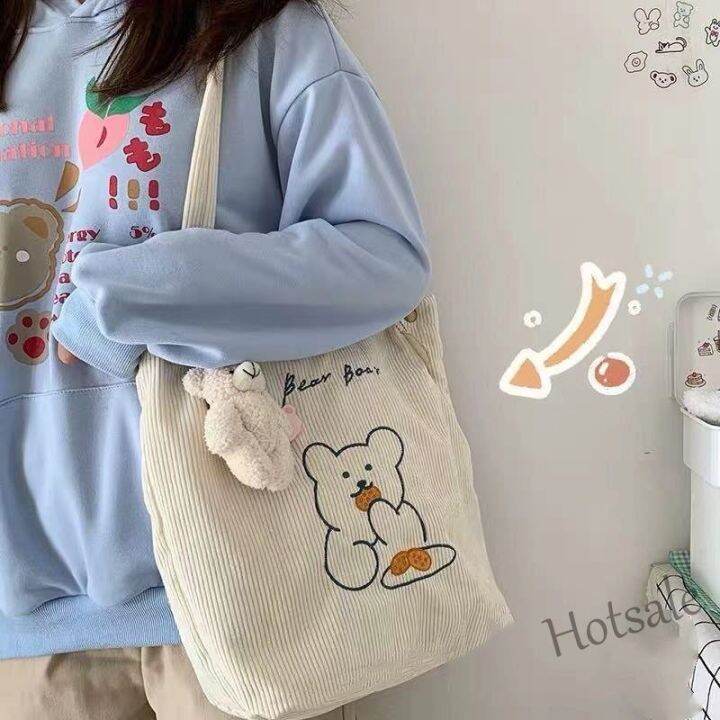 hot-sale-c16-tscfashion-ins-cute-bear-one-shoulder-canvas-bag-korean-college-girl-students-versatile-corduroy-shopping-tote-handbag