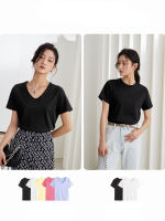 FANSILANEN Office Lady 100 Cotton V-neck Short Sleeve T-shirt Women Summer 2021 New Casual Loose Tops Women Clothing