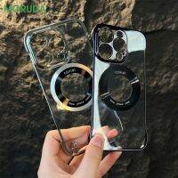 Q Luxury Frameless Magnetic Charging Case สำหรับ 14 ProMax Plus 12 13 Pro Max Alloy Magsafing โลโก้ Hole อะคริลิคใส
