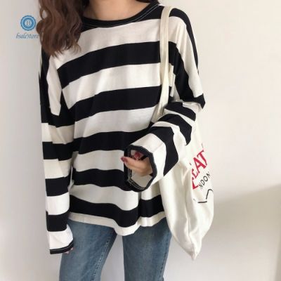 Korean Stripe blouse Womans Fashion Casual Loose Tops Long sleeve T-shirt Girlfriends Tee
