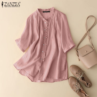 (สินค้ามาใหม่)(จัดส่งฟรี)Fancystyle ZANZEA เสื้อเชิ้ตแต่งระบายแบบเรียบง่ายของผู้หญิงเสื้อมีกระดุมทรงหลวมผ้าคอตตอนเสื้อเบลาซ์สีพื้น #2
