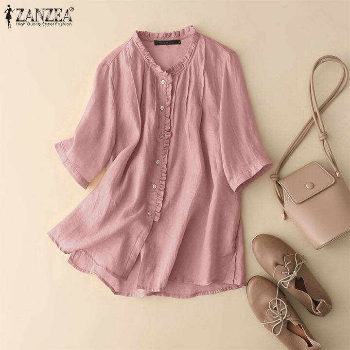 สินค้ามาใหม่-จัดส่งฟรี-fancystyle-zanzea-เสื้อเชิ้ตแต่งระบายแบบเรียบง่ายของผู้หญิงเสื้อมีกระดุมทรงหลวมผ้าคอตตอนเสื้อเบลาซ์สีพื้น-2