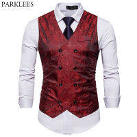 ผู้ชายสีแดง Paisley Double Breasted Dress Vest 2023ยี่ห้อใหม่ Slim Fit ธุรกิจอย่างเป็นทางการเสื้อกั๊กผู้ชาย Chaleco Hombre 2XL