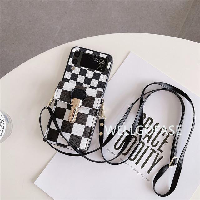 cold-noodles-girl-crossbody-long-belt-chain-checkerboard-purse-phone-case-for-samsung-galaxy-z-flip-4-3-5g-gird-pattern-leather-wallet-cover