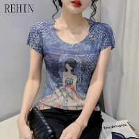 ➧REHIN เสื้อยืดผู้หญิง,เสื้อยืดแขนสั้นพิมพ์ลายไม่เหมือนใครแฟชั่นเสื้อใส่ด้านในผ้าฝ้าย S-3XL เข้ารูปพอดีฤดูร้อนใหม่