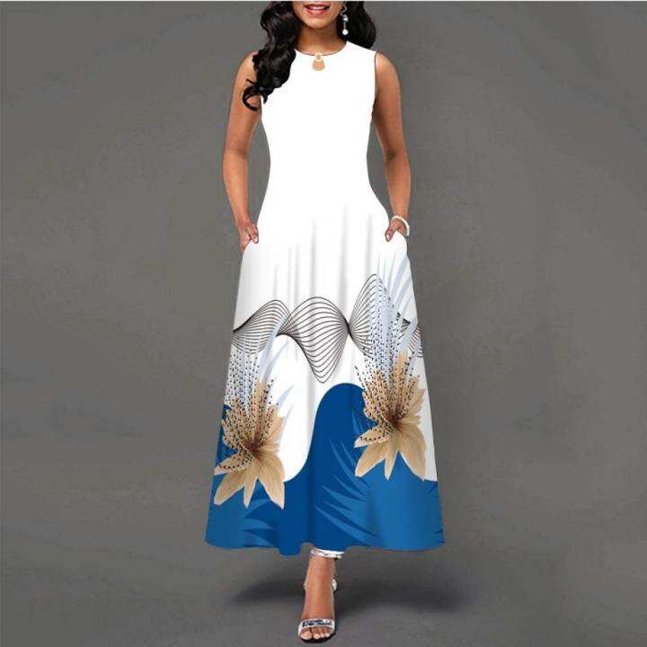 ฤดูร้อนลำลองแขนกุดพิมพ์-fish-beach-รูปแบบ-maxi-dress-a-line-boho-pocket-vintage-หลวม-plus-size-dresses