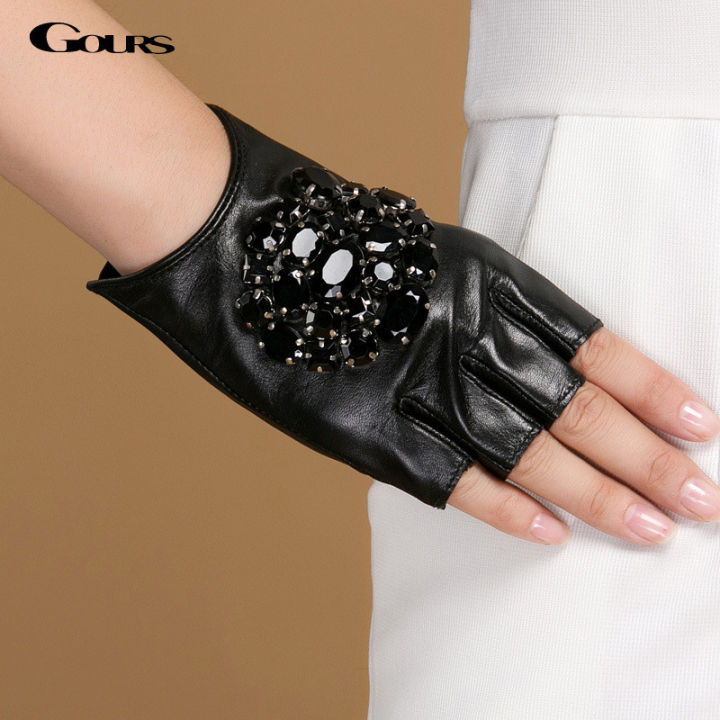 gours-ฤดูหนาวถุงมือหนังแท้ผู้หญิงแฟชั่นแบรนด์หินสีดำขับรถ-fingerless-ถุงมือสุภาพสตรีหนังแพะถุงมือ-gsl040