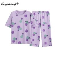 【LZ】❐✠⊕  Conjunto de pijamas de algodão feminino pijama capris estampa floral elegante loungewear comprimento de bezerro calças cortadas para lazer verão