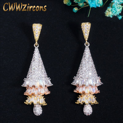 CWWZircons 3 Tone Gold Silver Color Cubic Zirconia Pave Geometry Drop Earrings Female Wedding Party Accessories Jewelry CZ734
