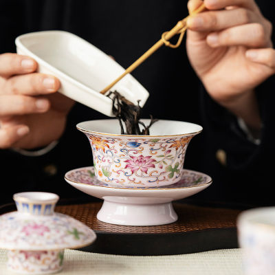 ภาพวาดด้วยตนเองโกลเด้นเคลือบสีหม้ออบเซรามิก Gaiwan หม้ออบทาสีชาชามชงกังฟูชุดน้ำชาชามชา