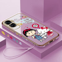 Volans เคสสำหรับ Honor 90 5G 90 Lite 5G ฟรีสายคล้องการ์ตูน Chibi Marukochan Kity Kity แมวเด็กผู้หญิงเคสชุบขอบสี่เหลี่ยมลายเคสโทรศัพท์เด็กผู้หญิงเคสโทรศัพท์นิ่มชุบหรูหรา