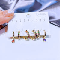 MIGGA 3 Pairs Mix Multicolor Cubic Zircon Hoop Earrings Set for Women Gold Color Plated Jewelry