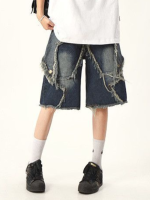 Vintage Tassel Star Denim Shorts Splicing Loose Jeans Shorts Men Women Hip Hop Streetwear Harajuku Y2K Shorts 2023 New Summer