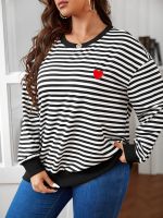 Yuisle Womens Casual Ladies Comfort Plus Size Sweatshirt Plus Striped &amp; Heart Print Drop Shoulder Sweatshirt Leisure Perfect Comfortable Eye-catching (Color : Black and White, Size : X-Large)