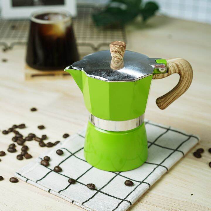 สีเขียว-กาต้มมอคค่าพอท-moka-pot-ลายไม้-เตามินิไฟฟ้าสีขาว-500w