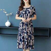 COD DSTGRTYTRUYUY [Ready Stock] Summer Plus Size Dress 2022 Printed Waist Slim-Fit Slimmer Look Short-Sleeved Mid-Length A-Line Skirt