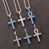 Classic Hip-Hop Necklace  Navy Blue Zirconium Cross Pendant  Couple Necklace  Trendy Mens Hip-Hop Necklace Pendants