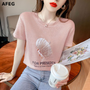 AFEG new women s short-sleeved printed beaded casual T-shirt for women
