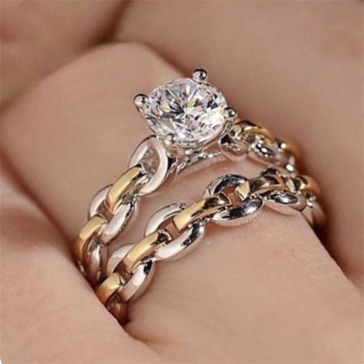 หวังว่าแหวนโซ่เพชรคู่สีแบบแยกสีสำหรับสุภาพสตรีสองคนผู้ผลิตแหวนงานแต่งงานหมั้น