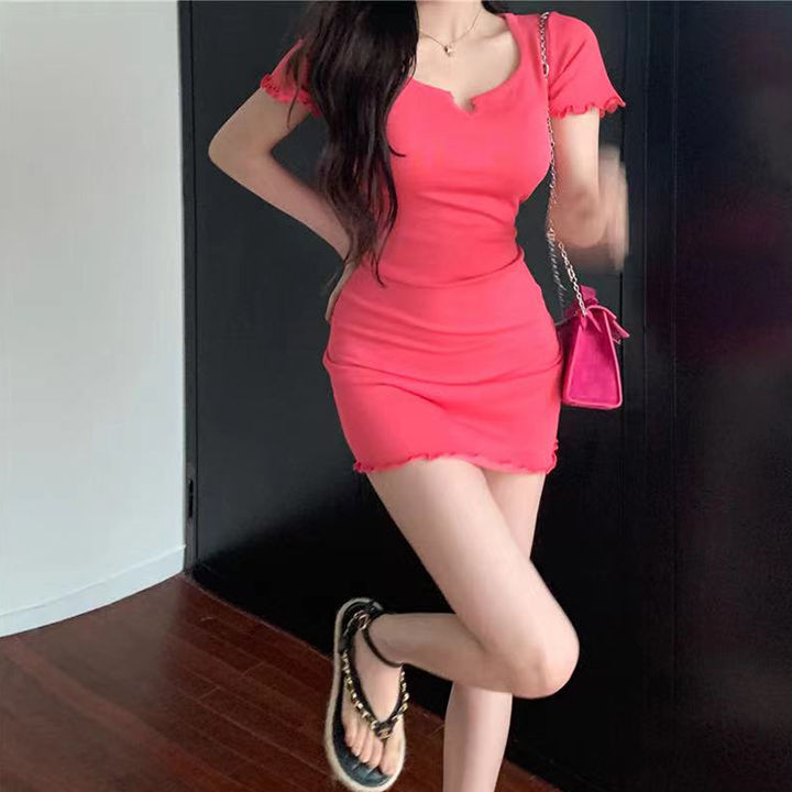 ชุดเดรส-ราคาถูก-mini-dress-แขนสั้น-เดรสแฟชั่นสไตล์ฝรั่งเศษ-เดรสทรงเอ-รัดรูปสุดแซ่บ-ตัวแม่สุดๆ