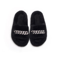 Fluffy Flip Flops Furry Fur Slides Diamond Chain Plush House Slippers Women Cozy Open Toe Faux Fur Slippers Indoor Warm Shoes