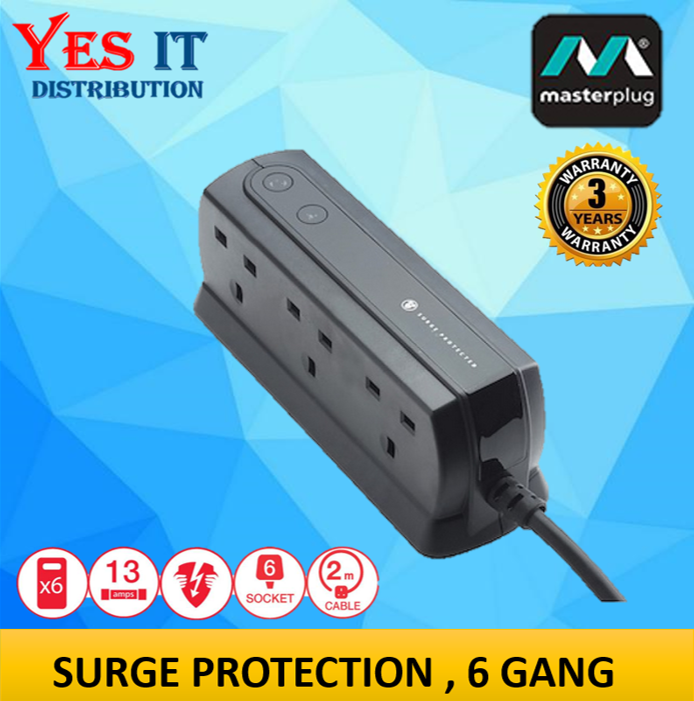 Masterplug Surge Protector 6 Gang 2 Meter Extension Leads Matte Compact ...