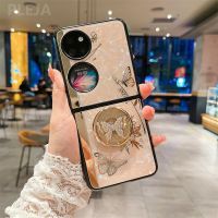 Fashion Butterfly Bracket Phone Case For Huawei P50 Pocket Stand Holder Glossy Back Cover For P50pocket 5G Cute Protector Funda