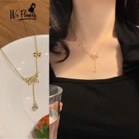 We Flower Korean 14K Gold Tassel Chain Crystal Bow Necklace for Women Girls Bowknot Pendant Necklace Jewelry