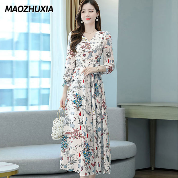 maozhuxia-ชุดเดรสสำหรับสตรี-คอกลางอายุขนาดใหญ่กระโปรงทรงเอชุด-เดรสเกาหลีสวยๆ-ชุดผ้าไทยสวยๆ100